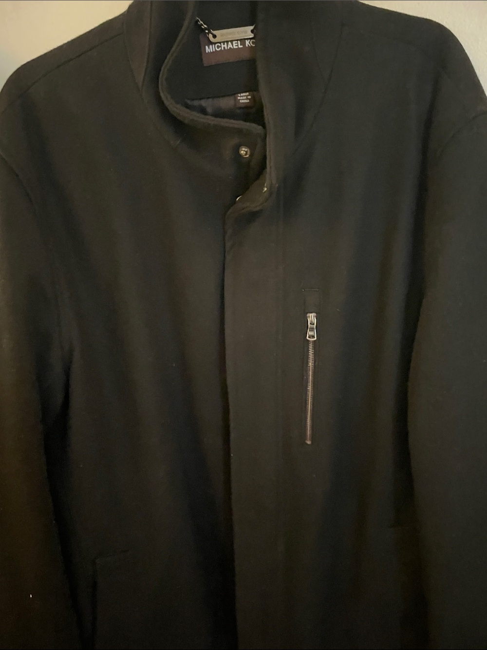 Michael Kors Men's Black Stand Collar Pea Coat with Zip Chest Pocket